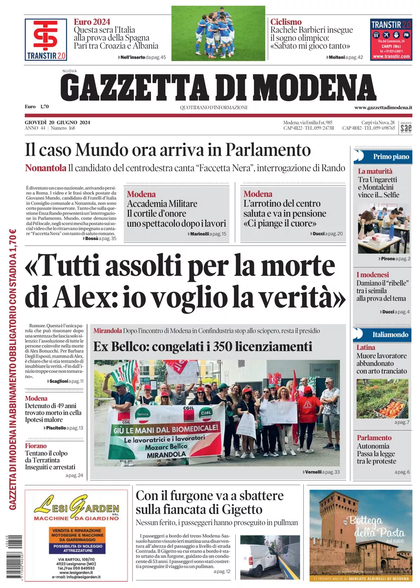 Prima-pagina-gazzetta di modena-oggi-edizione-del-2024-06-20